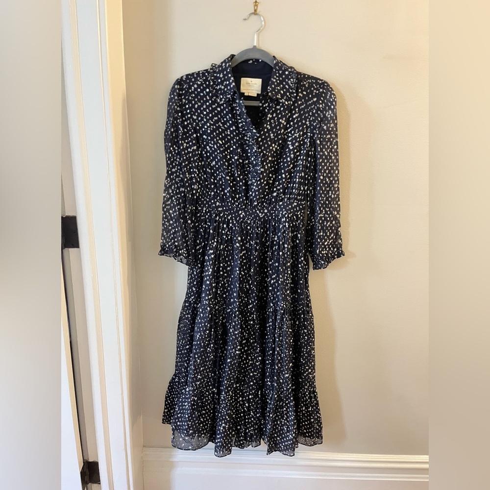 PRICE DROP! Kate Spade New York Night Navy Blue & Silver Sky Dot Midi Dress - Picture 2 of 7